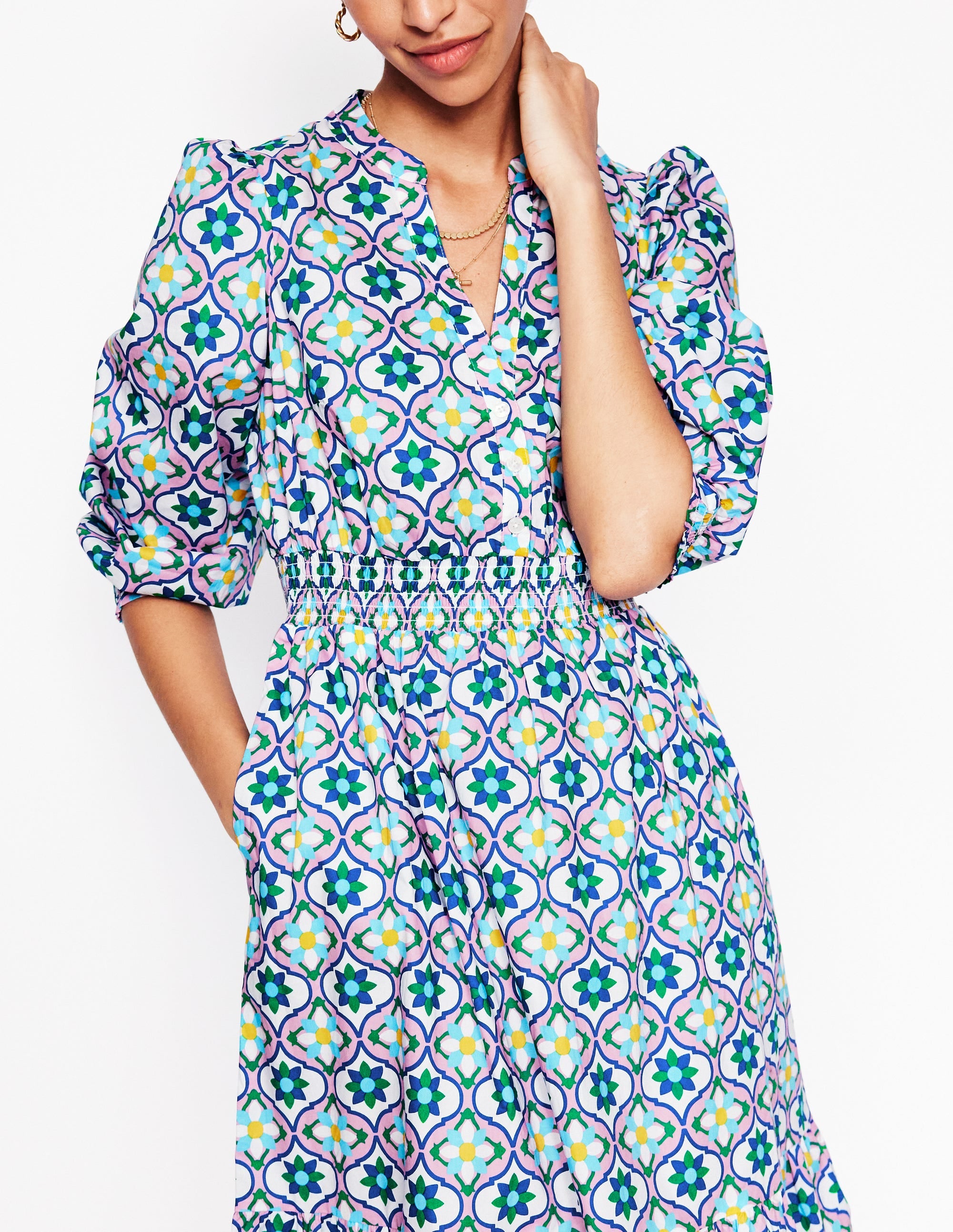  Elena Tiered Cotton Midi Dress-Multi, Floweret Tile、mySite、ashleygrahame