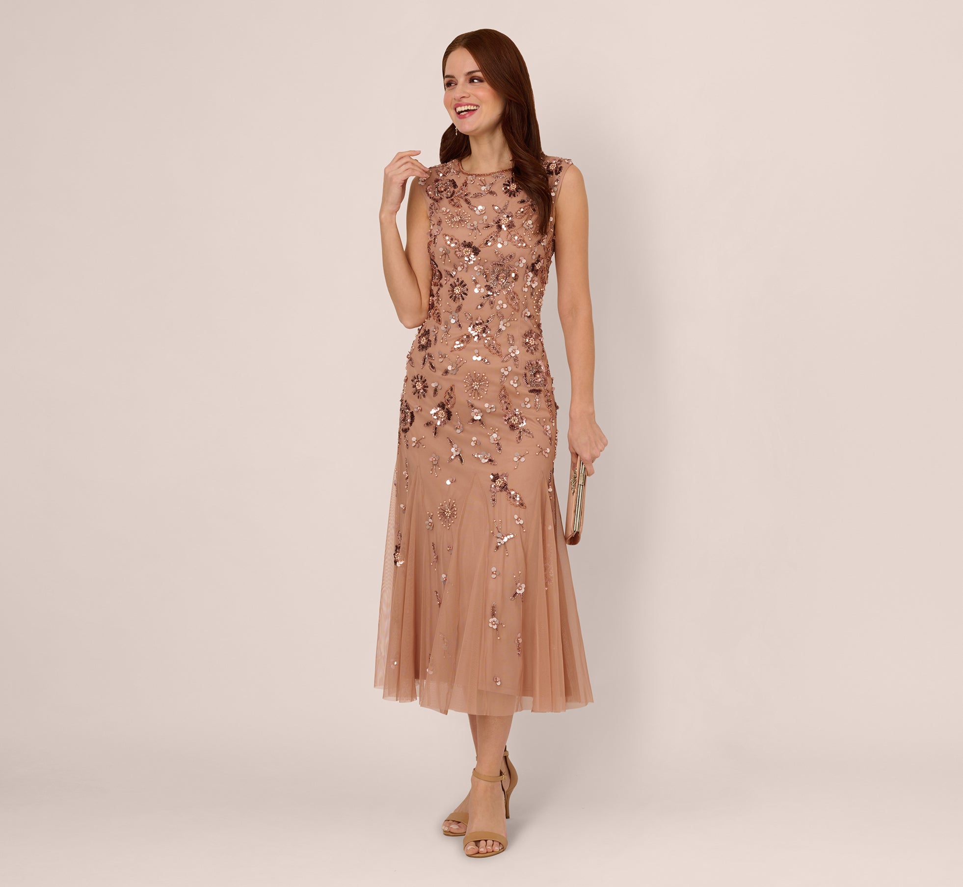 Floral Beaded Ankle Length Gown In Rose Gold、mySite、solidvoid