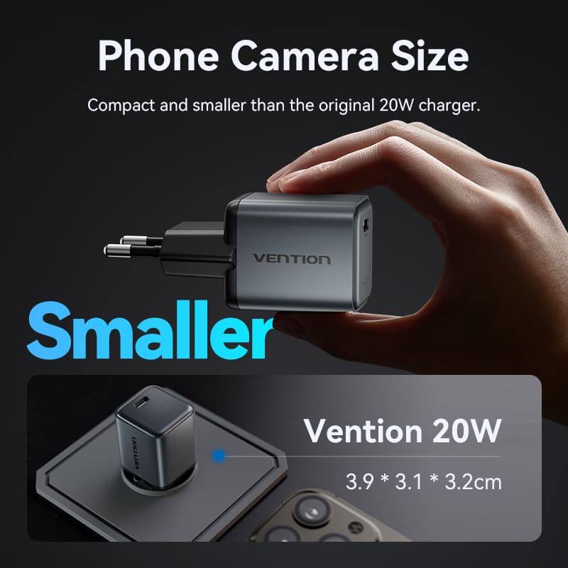 Vention 1-Port USB-C GaN Charger 20W EU-Plug、mySite、fannypackpong