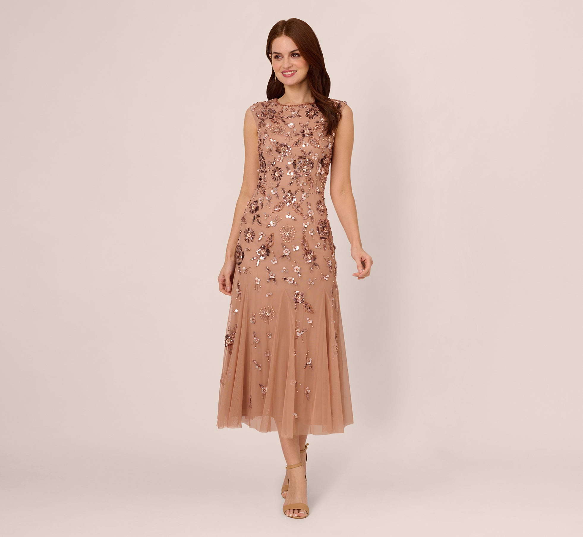 Floral Beaded Ankle Length Gown In Rose Gold、mySite、solidvoid