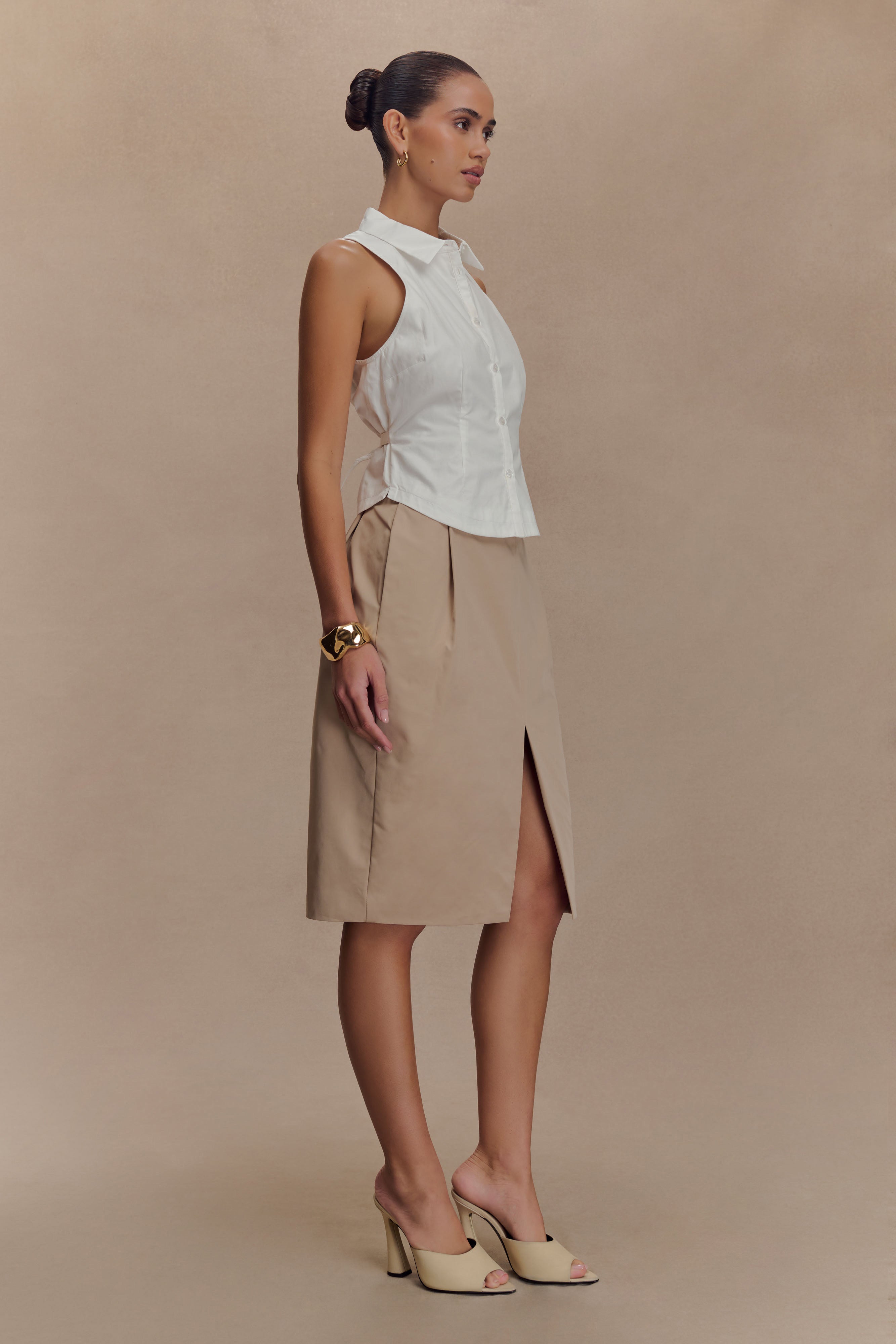 Vera Twill Split Front Midi Skirt - Camel、mySite、solidvoid