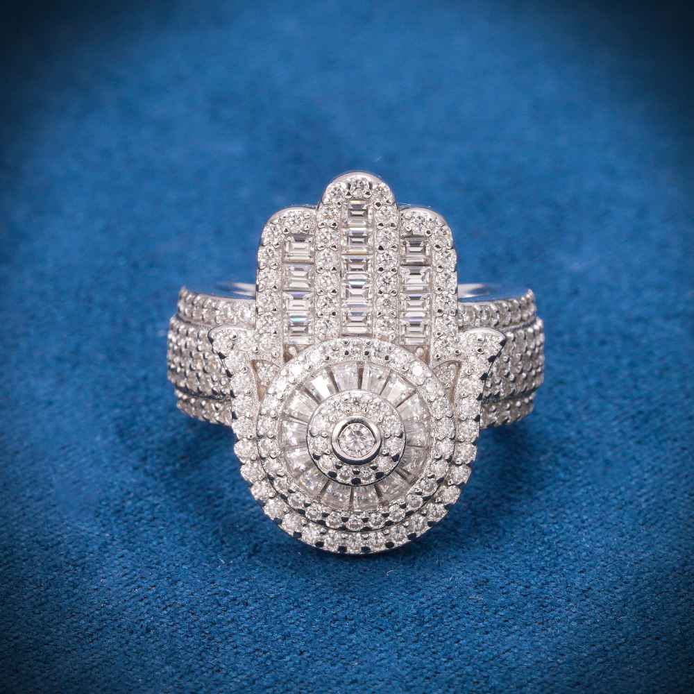 Moissanite Baguette Hamsa Hand Ring 14K White Gold、mySite、hinf8tx79