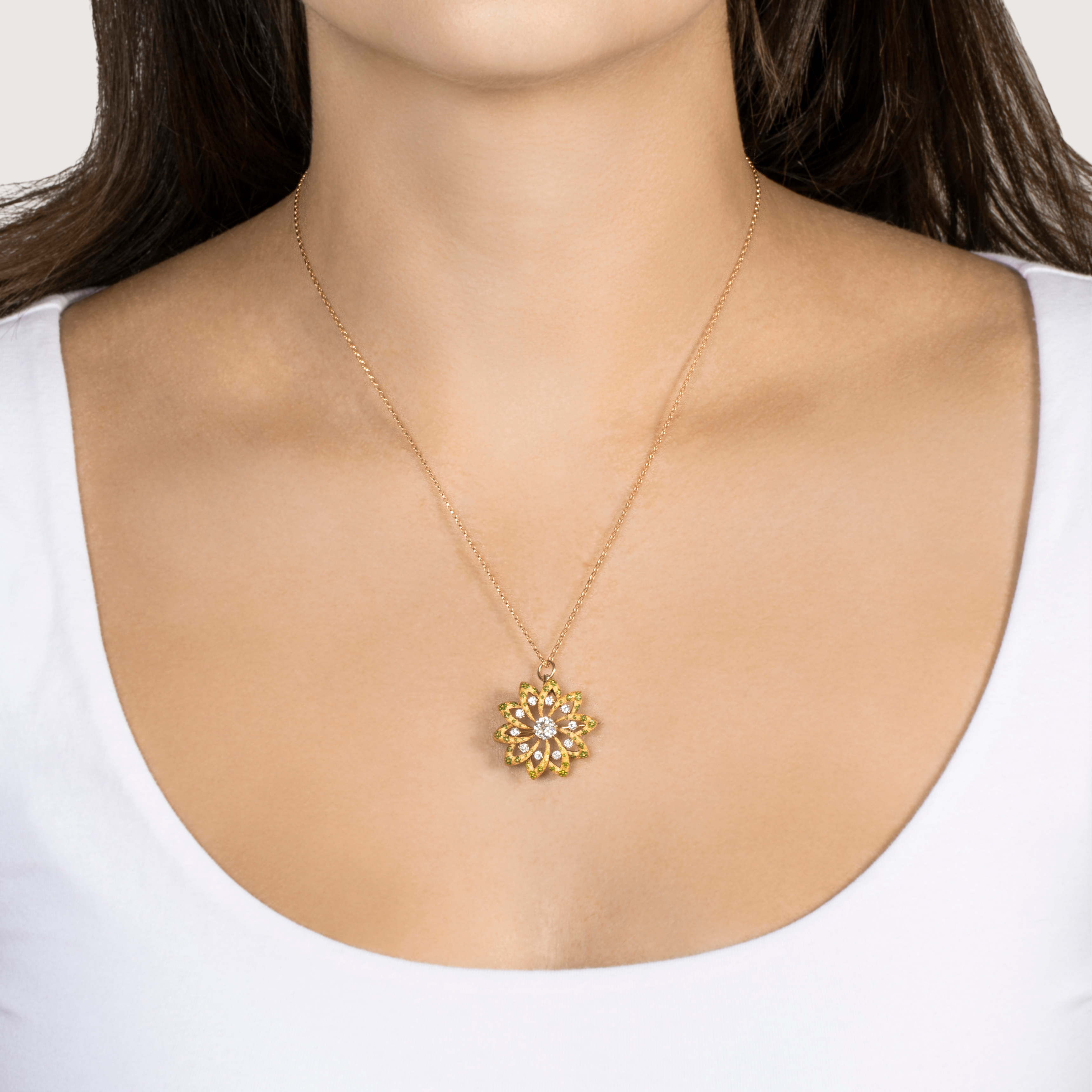 Antique Large 14k Yellow Gold Old Mine Diamond Enamel Green Floral Pin / Pendant、mySite、hinf8tx79