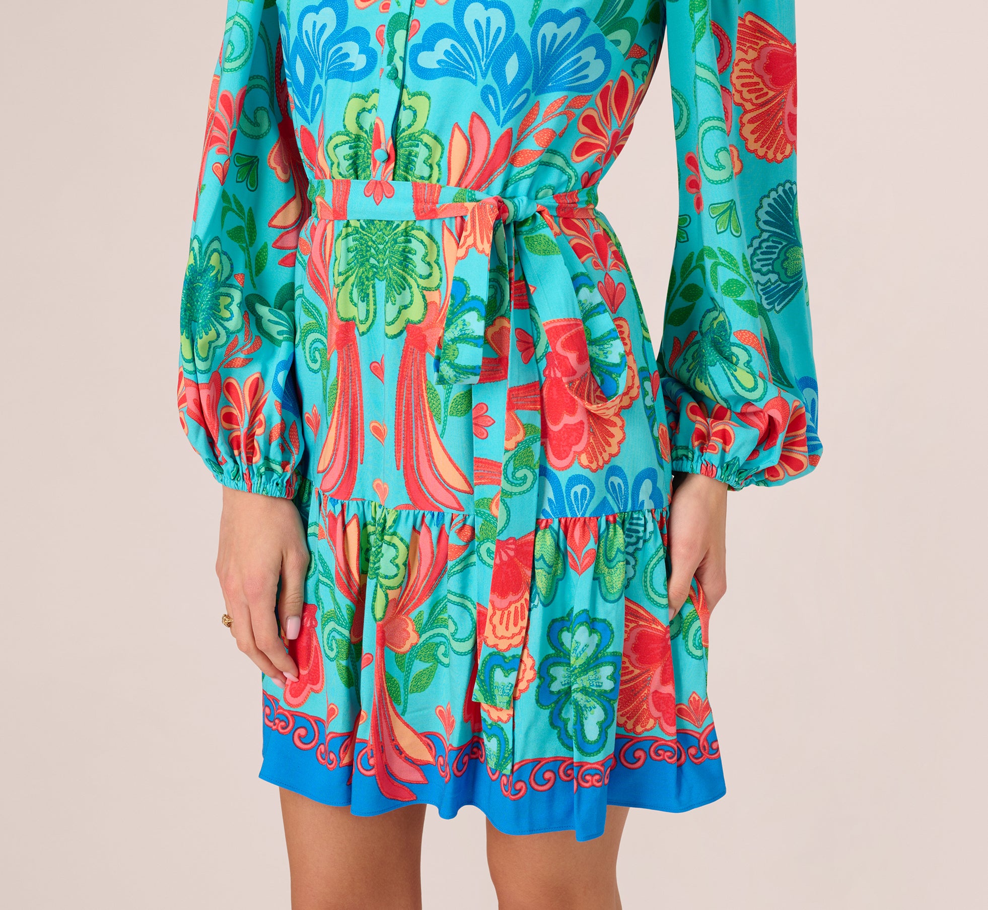 Long Sleeve Printed Flounce Dress In Blue Multi、mySite、solidvoid