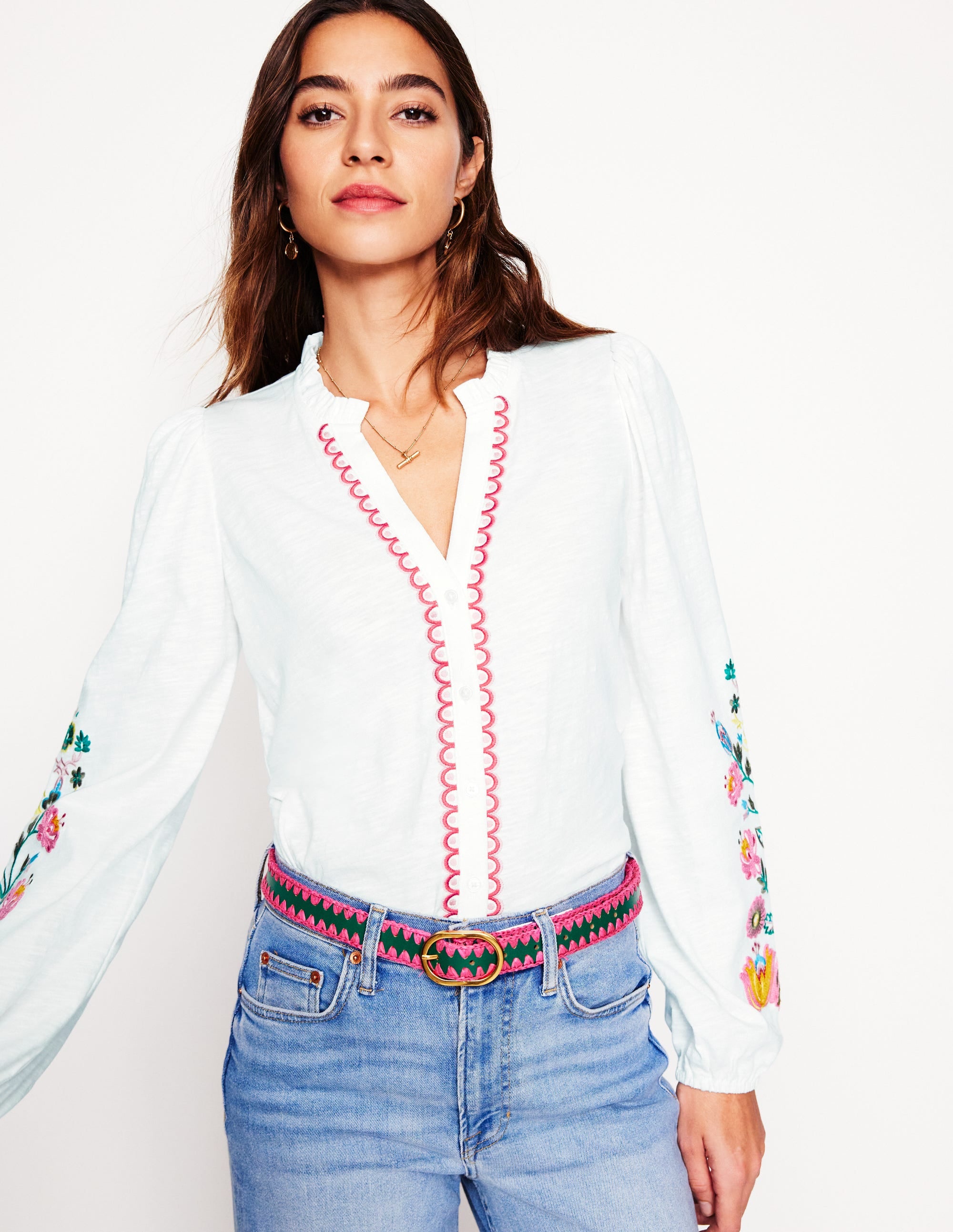  Embroidered Frill Neck Blouse-White, Multi Floral Embroidery、mySite、ashleygrahame