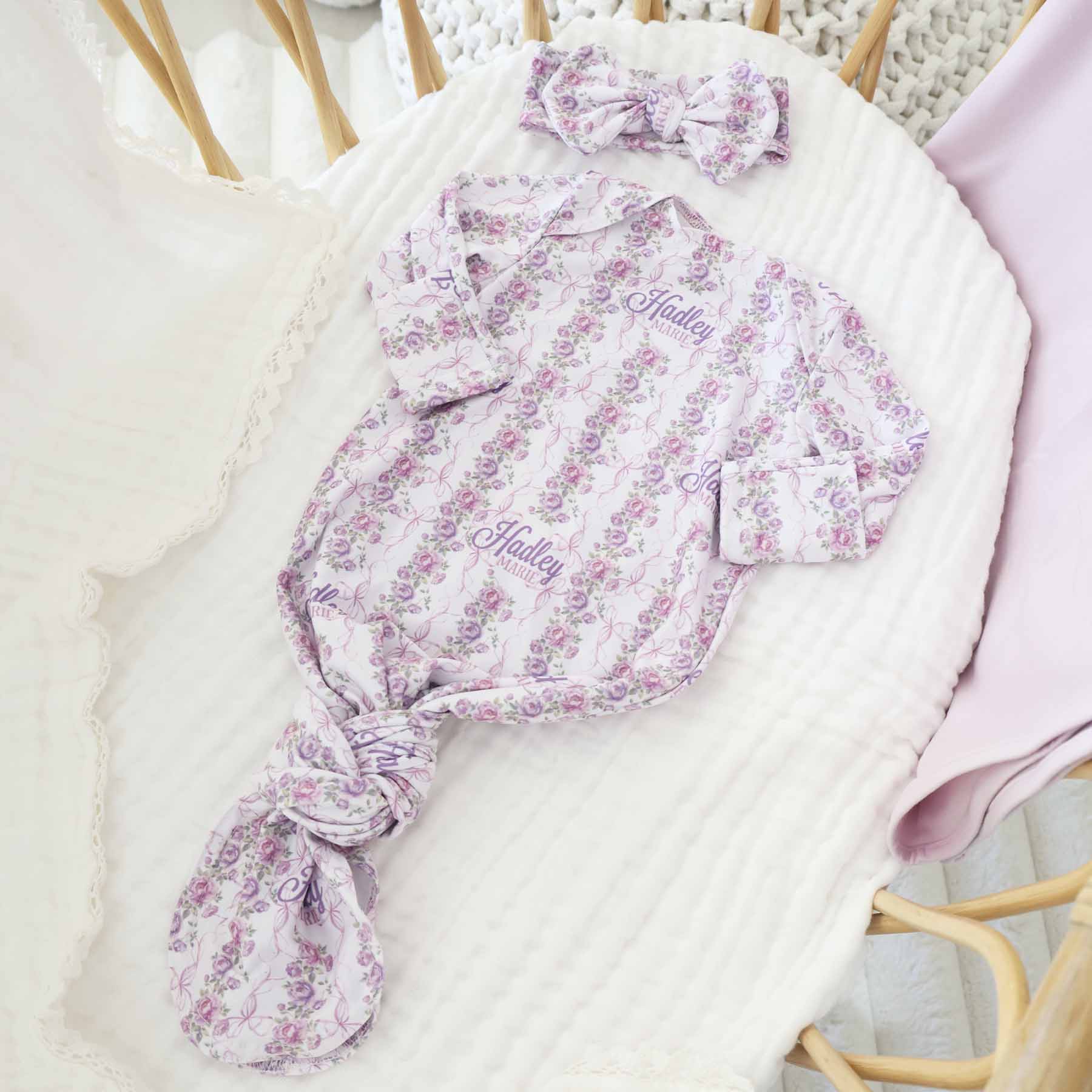  Violet Vines Personalized Newborn Baby Knot Gown、mySite、layawaytickets