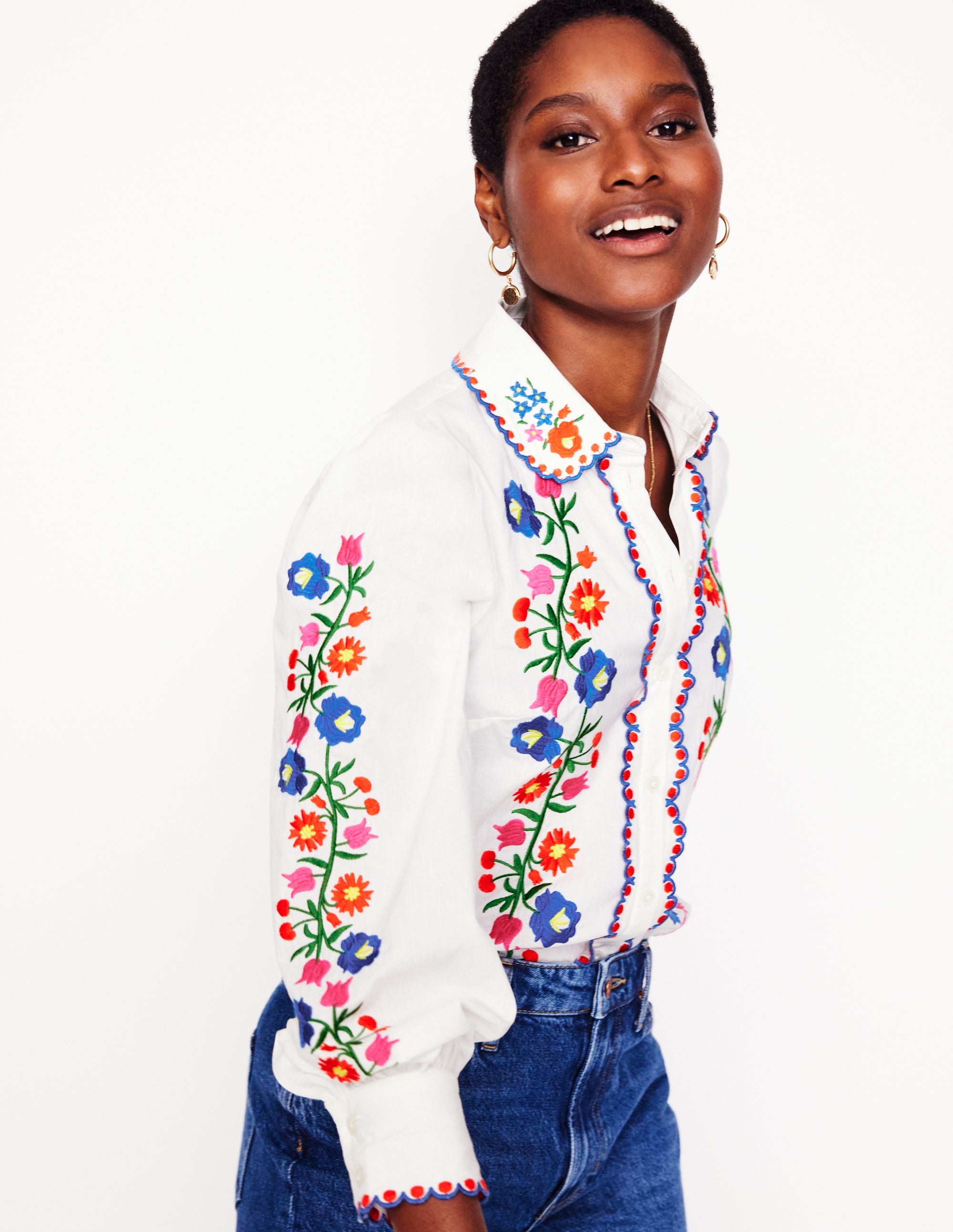  Embroidered Cotton Shirt-White, Floral Embroidery、mySite、ashleygrahame