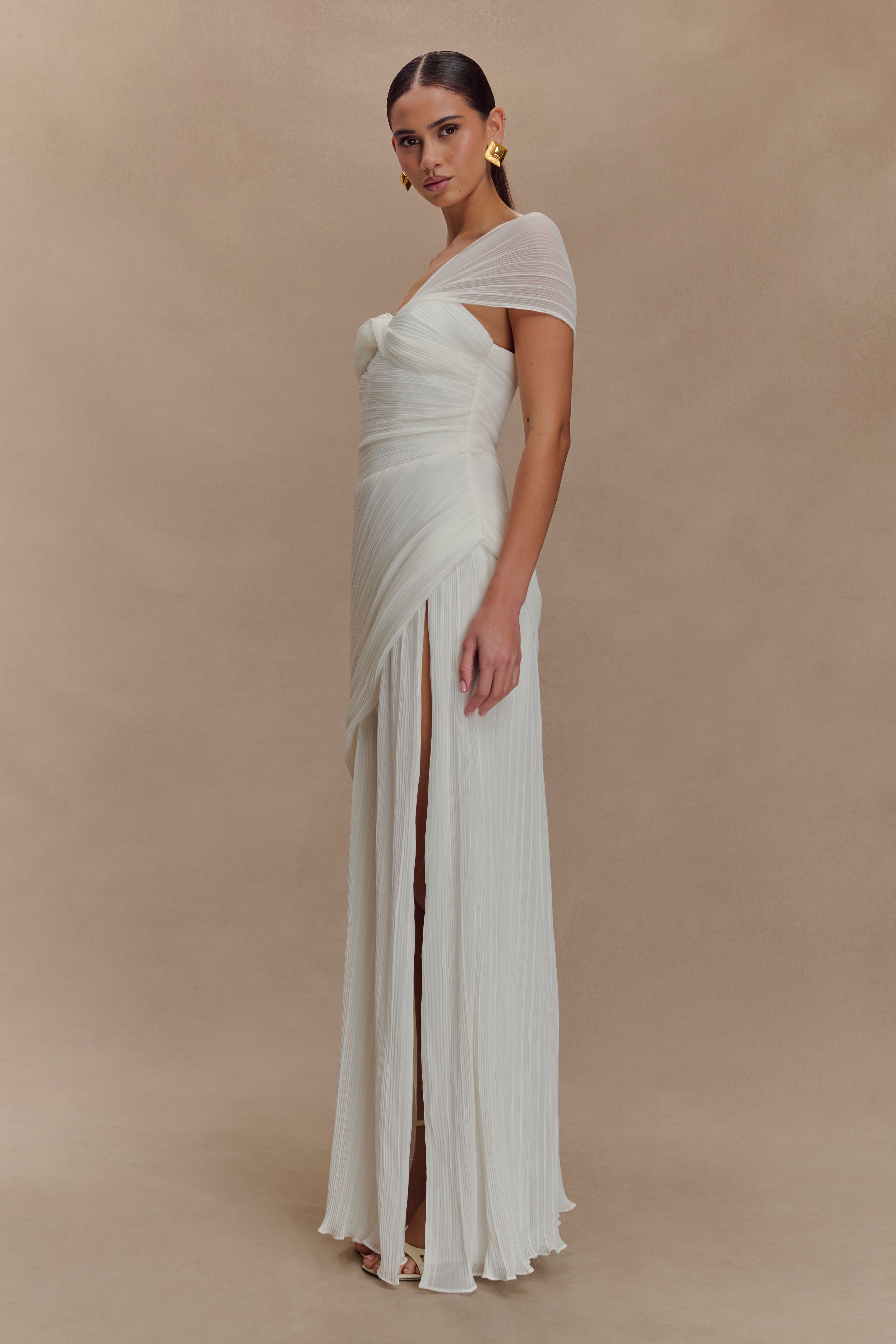 Tamara Shirred Chiffon Midi Dress - White、mySite、solidvoid