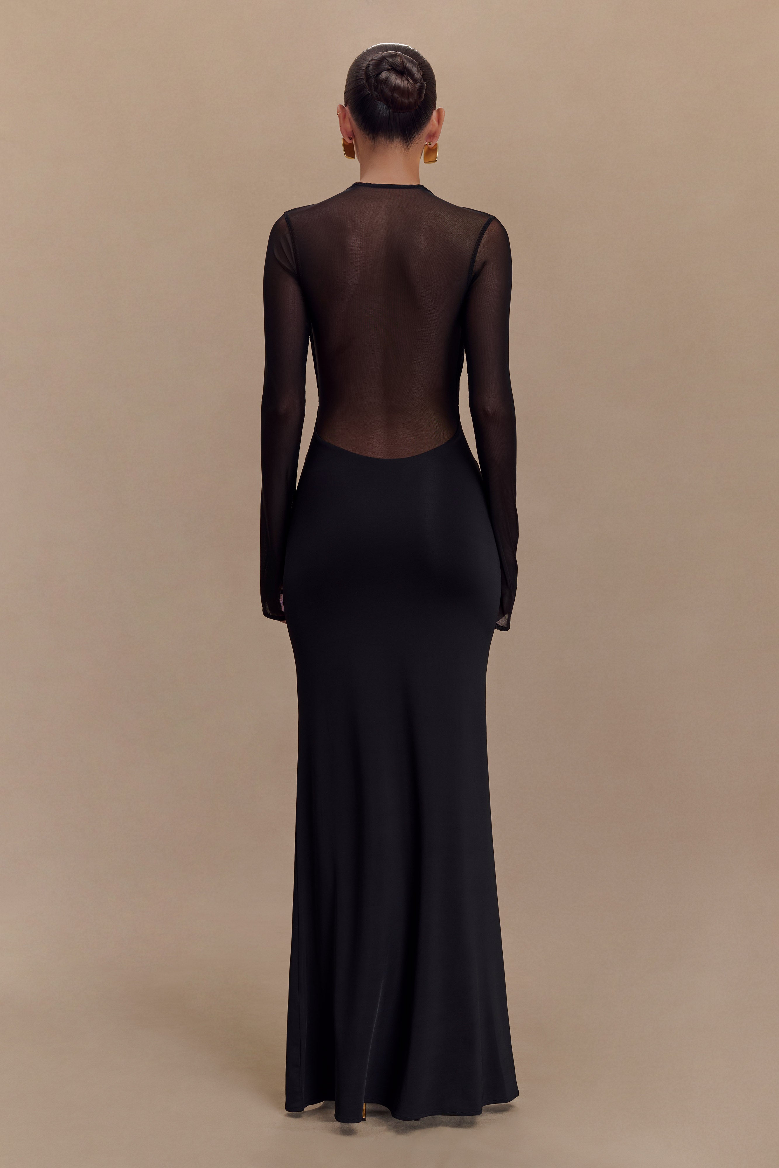 Tania Slinky And Mesh Long Sleeve Maxi Dress - Black、mySite、solidvoid