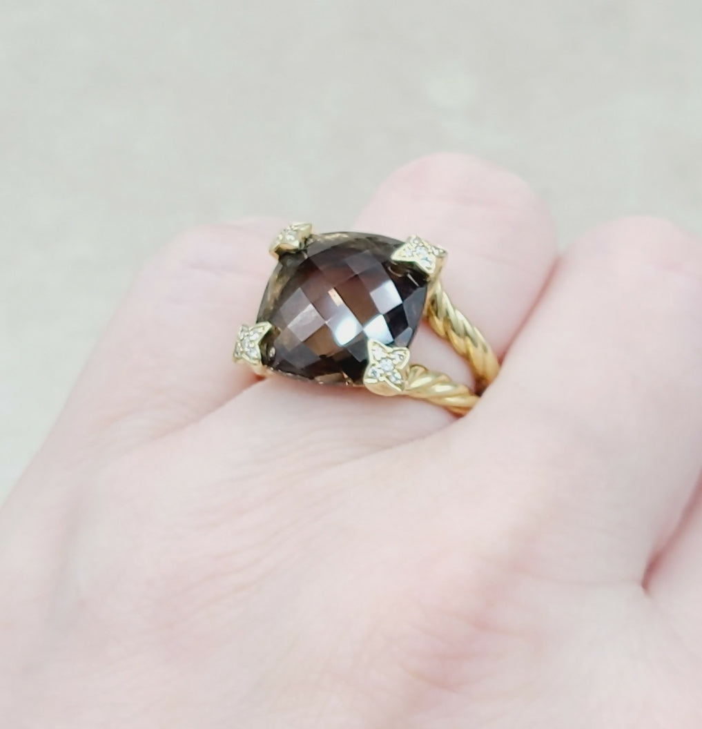 David Yurman 15mm Smoky Quartz Cushion Ring 18K Gold & Diamonds、mySite、hinf8tx79