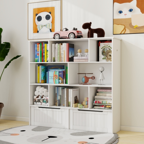 Toy Storage Organizer with 2 Movable Drawers, Multi-Functional 7 Shelf Kids Bookcase with 2 Hooks, Children Book Shelf for Kids Room, Nursery Storage Book Rack for Playroom, Classroom-White、、casual