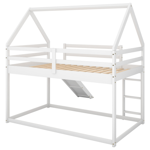 Twin Size Bunk House Bed with Slide and Ladder,Gray、、casual