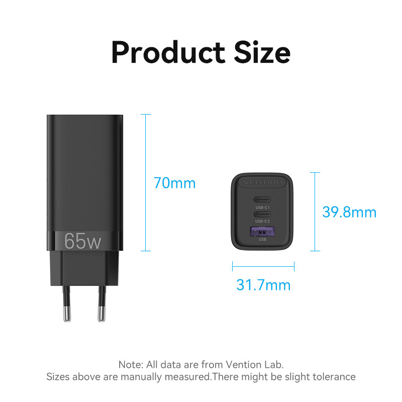Vention 3-Port USB(C+C+A) GaN Charger(65W/30W/30W) EU-Plug、mySite、fannypackpong