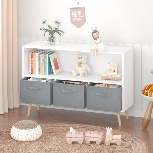 Kids bookcase with Collapsible Fabric Drawers, Children's Book Display, Toy Storage Cabinet Organizer, White/Gray、、casual