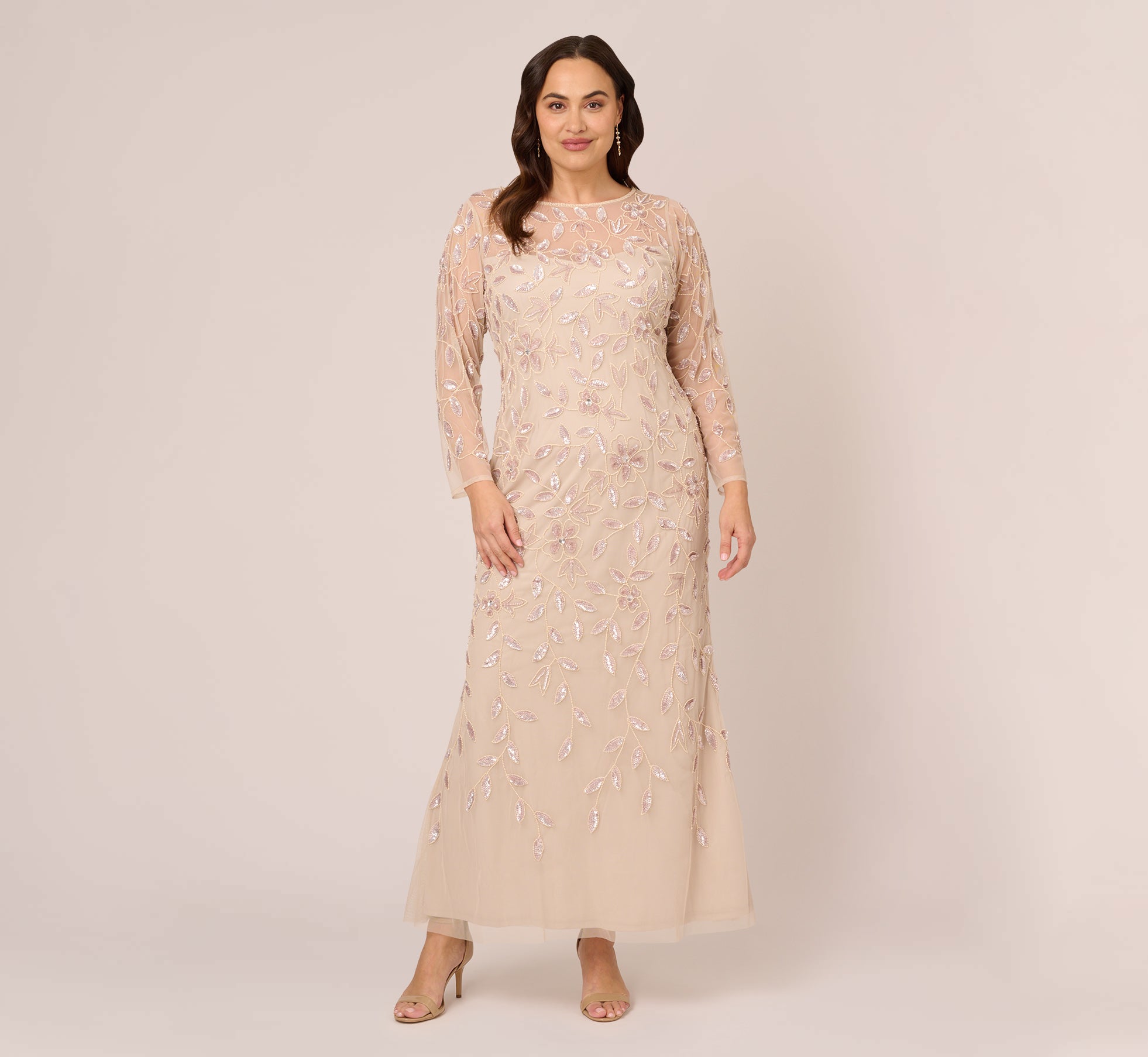 Plus Size Illusion Floral Beaded Gown With Sheer Long Sleeves In Latte、mySite、solidvoid