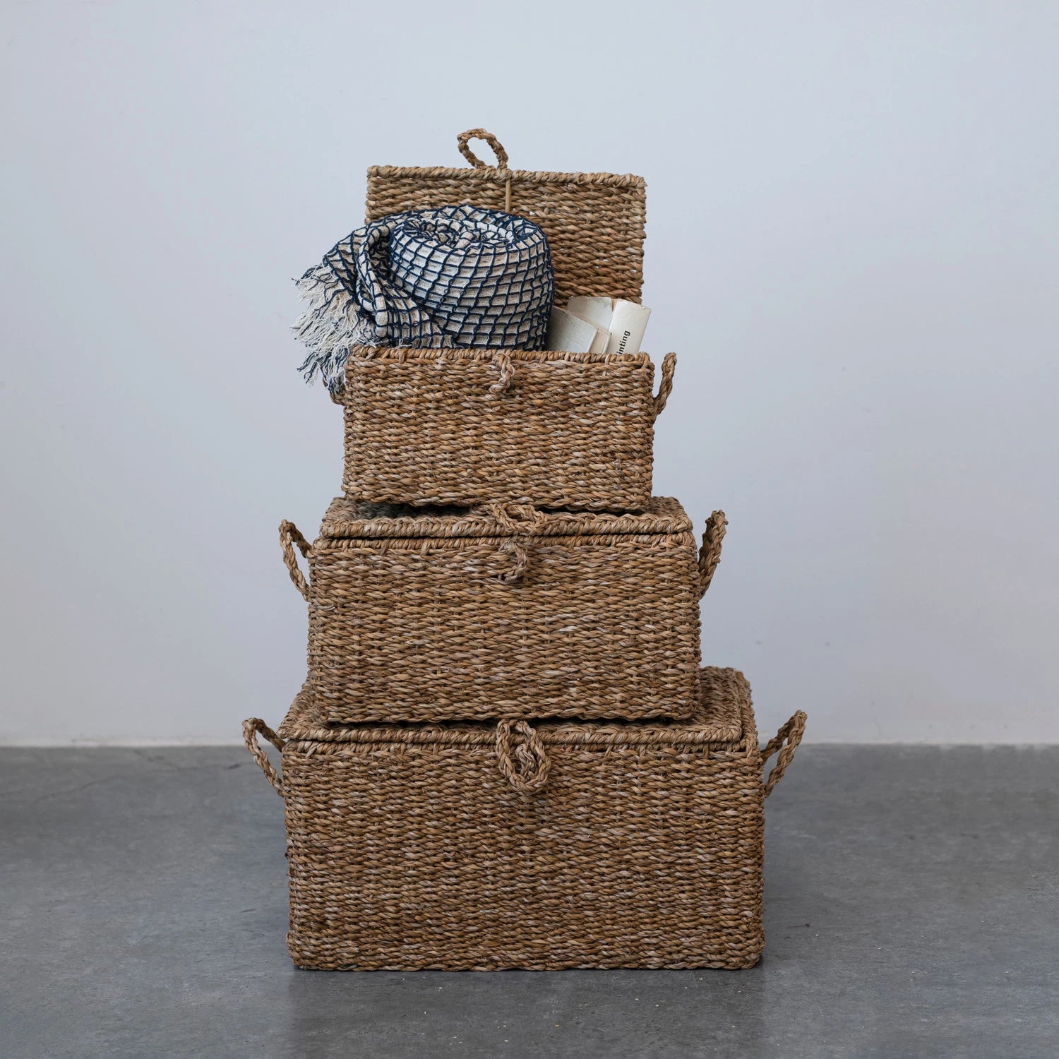  Woven Seagrass & Wire Framed Trunks, Set of 3、mySite、elrpsem3k