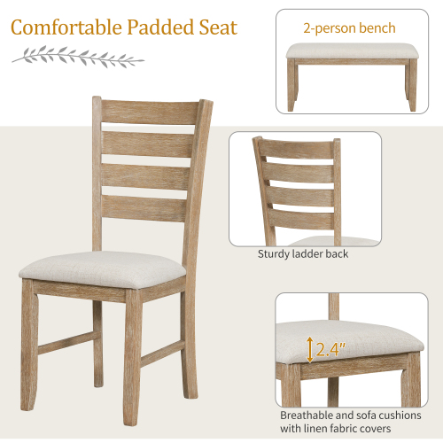 TREXM Dining Room Table and Chairs with Bench, Rustic Wood Dining Set, Set of 6 (Gray)、、casual