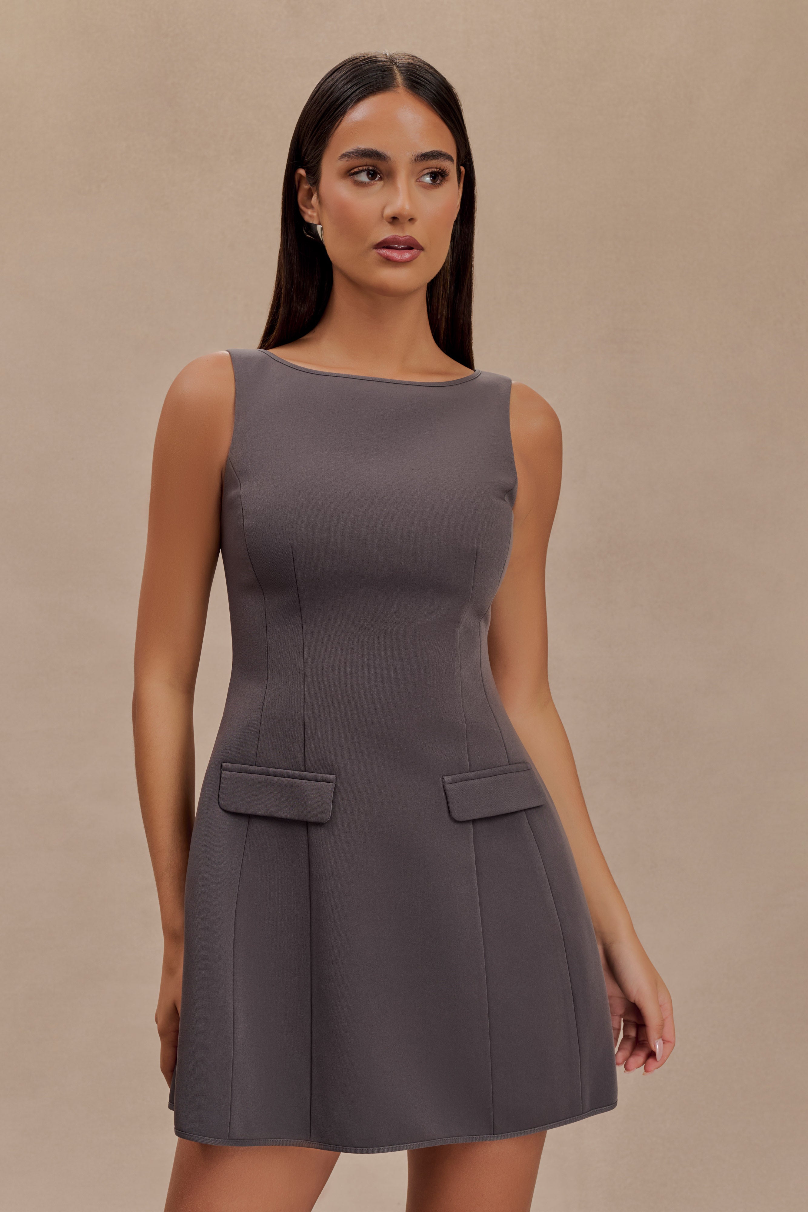 Evanna Sleeveless Suiting Mini Dress - Charcoal Grey、mySite、solidvoid