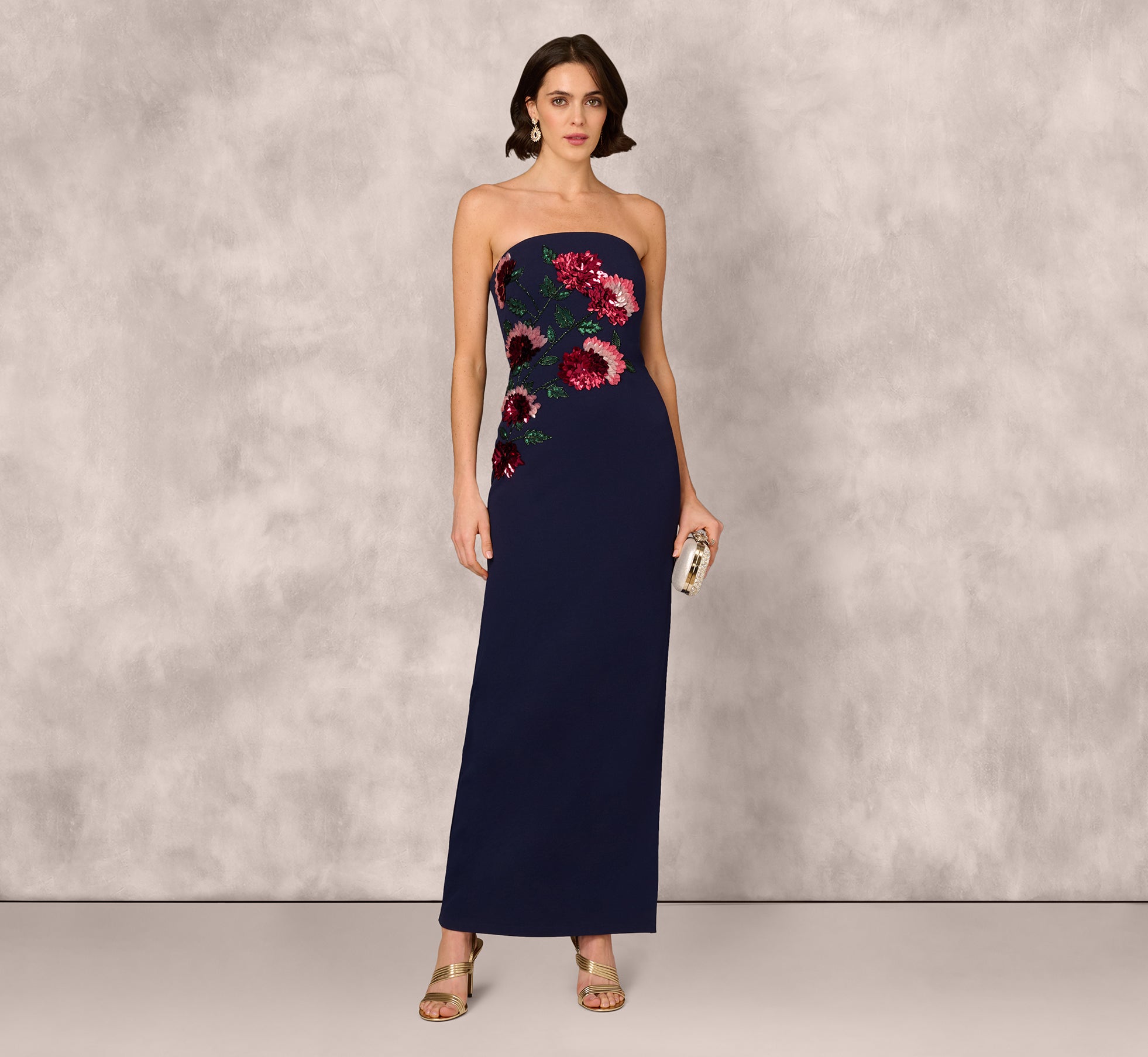 Strapless Floral Sequin Beaded Column Gown In Navy、mySite、solidvoid