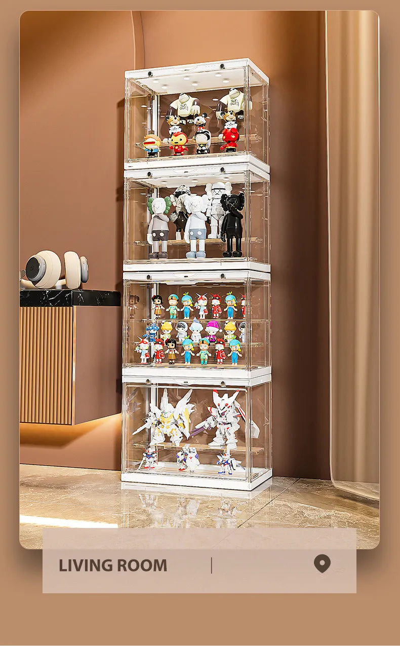 Mini figure display tower placed in a living room setting, showcasing diverse collections.