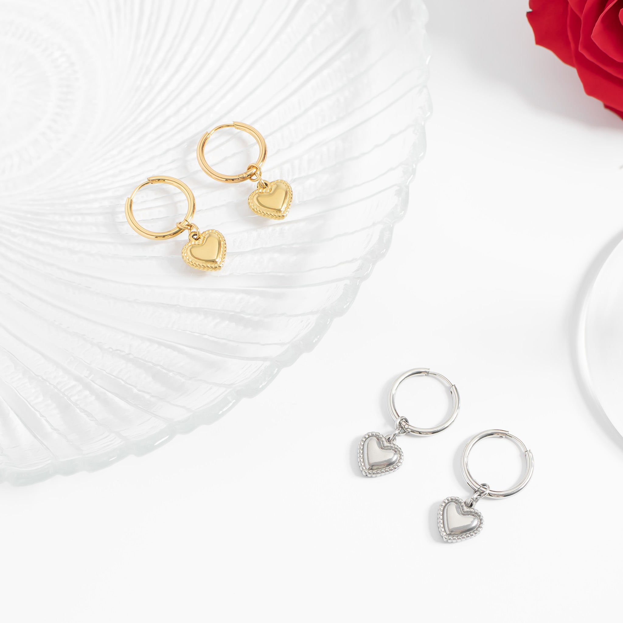 18K Gold PVD Stainless Steel Heart Pendant Hoop Earrings / ERJ0042、mySite、dreamappss