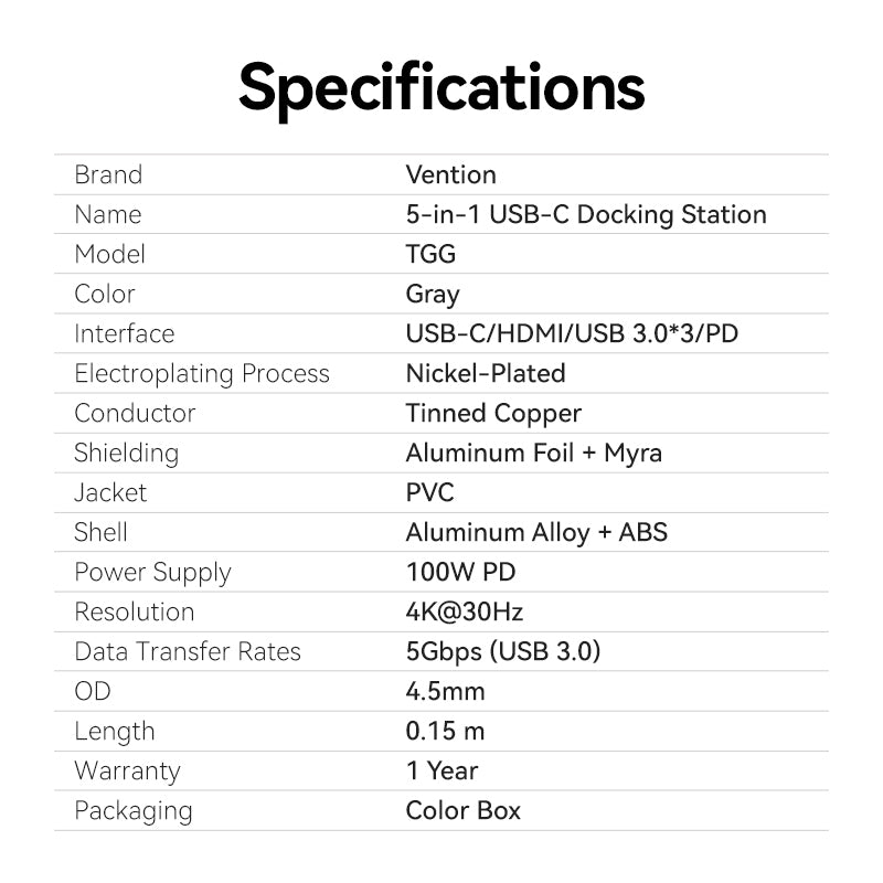 Vention USB-C to HDMI/USB 3.0*3/PD Docking Station 0.15M Gray Aluminum Alloy Type、mySite、fannypackpong