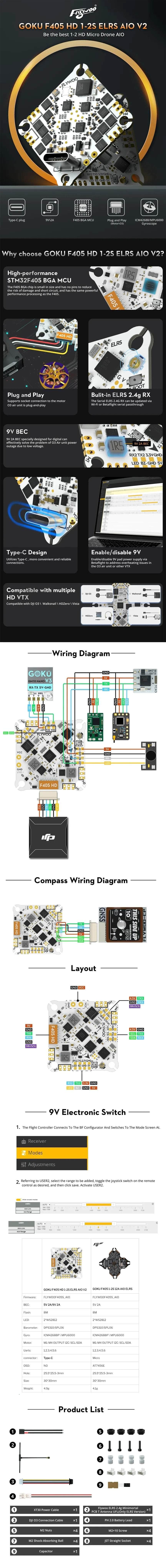 Flywoo GOKU F405 V2 1-2S AIO Whoop/Toothpick Flight Controller (w/ 12A BLHeli_S 4in1 ESC) + ELRS 2.4 GHz