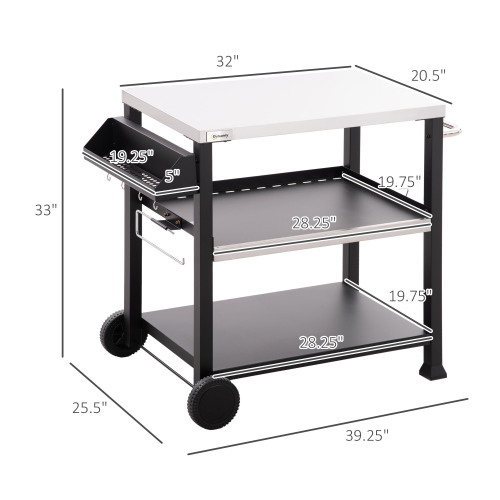 Outsunny Three-Shelf Outdoor Grill Cart with Stainless Steel Tabletop, Side Handle, 32" x 20.5" Multifunctional Pizza Oven Stand, Movable Food Prep Table on Wheels, Black、、eastwooduniform