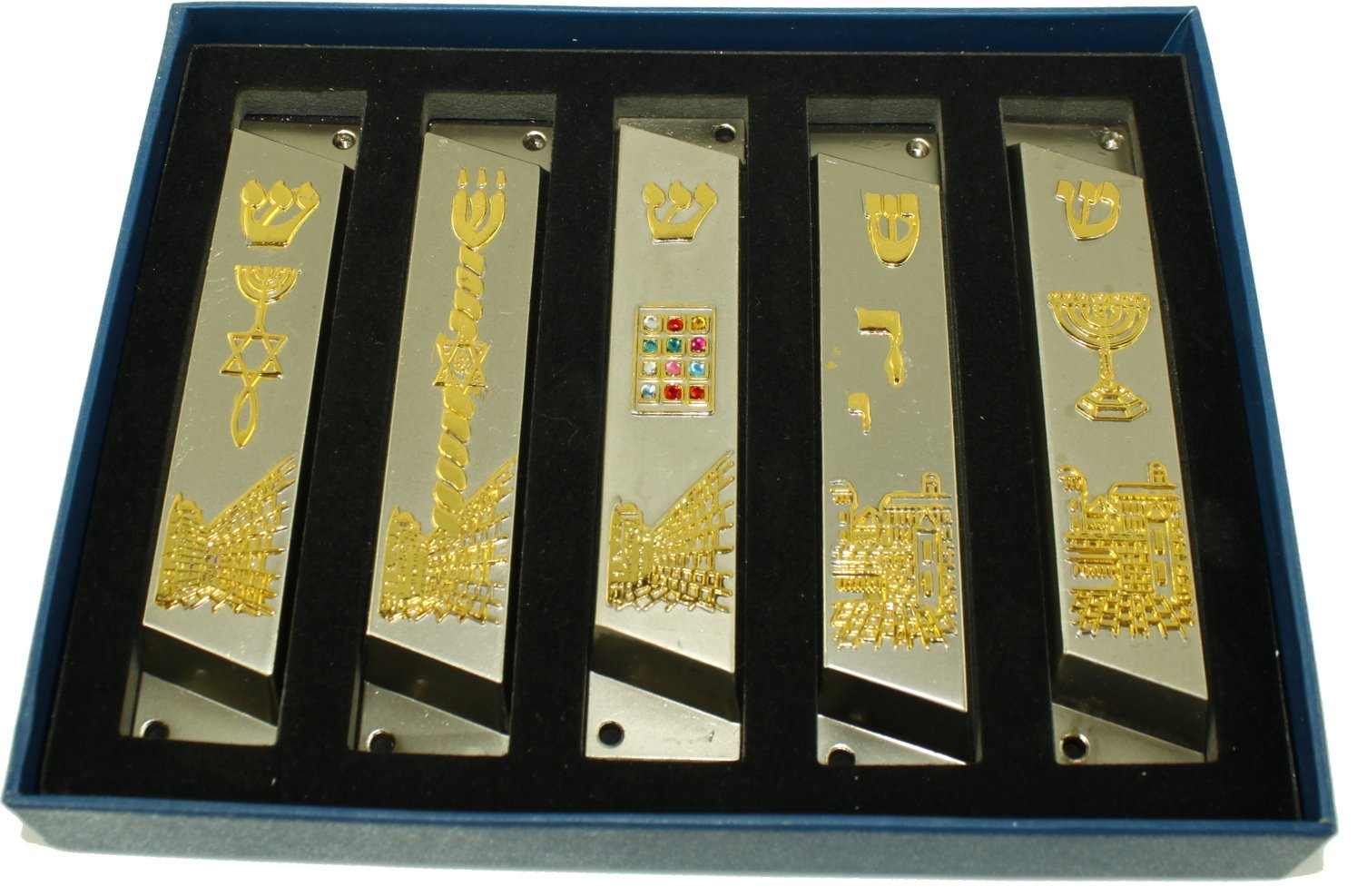Large Set of 5 Pewter Clean and Smooth Cut and Gold Plated Mezuzahs Symbols with Different enameled Themes. Each is About 4 Inches and Comes with Scrolls and Screws for Hanging、mySite、topwebapps
