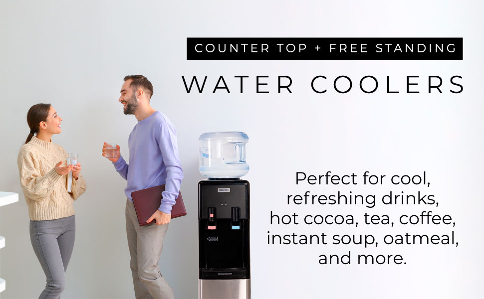 Countertop ad free standing water coolers for cool drinks, hot cocoa, tea, coffee, soup, and oatmeal