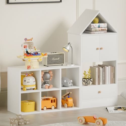 Versatile Children's Bookshelf with House-Shaped Design, Multi-Functional Storage for Books and Toys, Adjustable Placement, Durable Kids Organizer for Playroom or Bedroom Easy Assembly & Safe for Kid、、casual