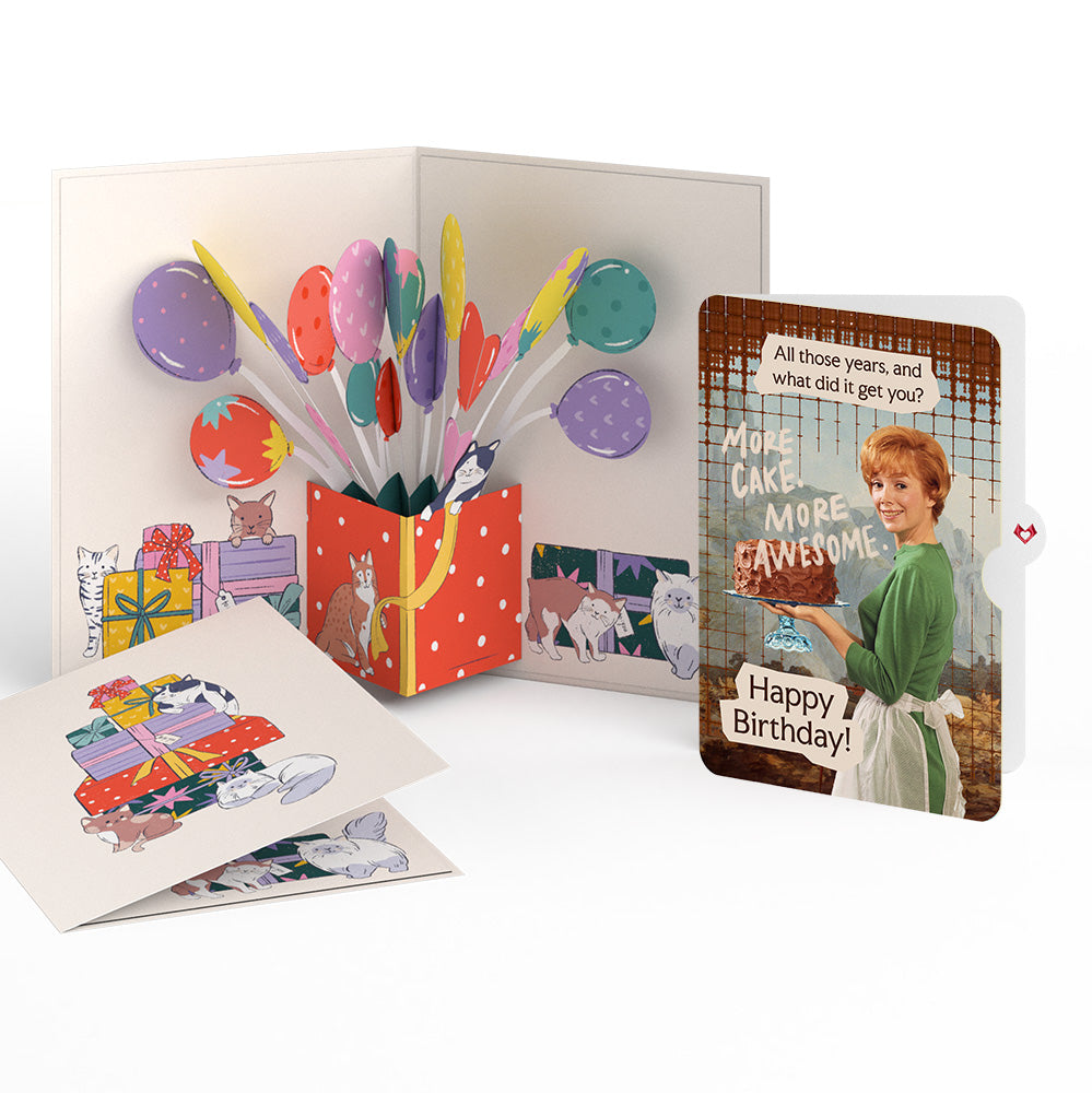Curious Cats Birthday Pop-Up Card and More Cake More Awesome Sentiment Set、mySite、solidvoid