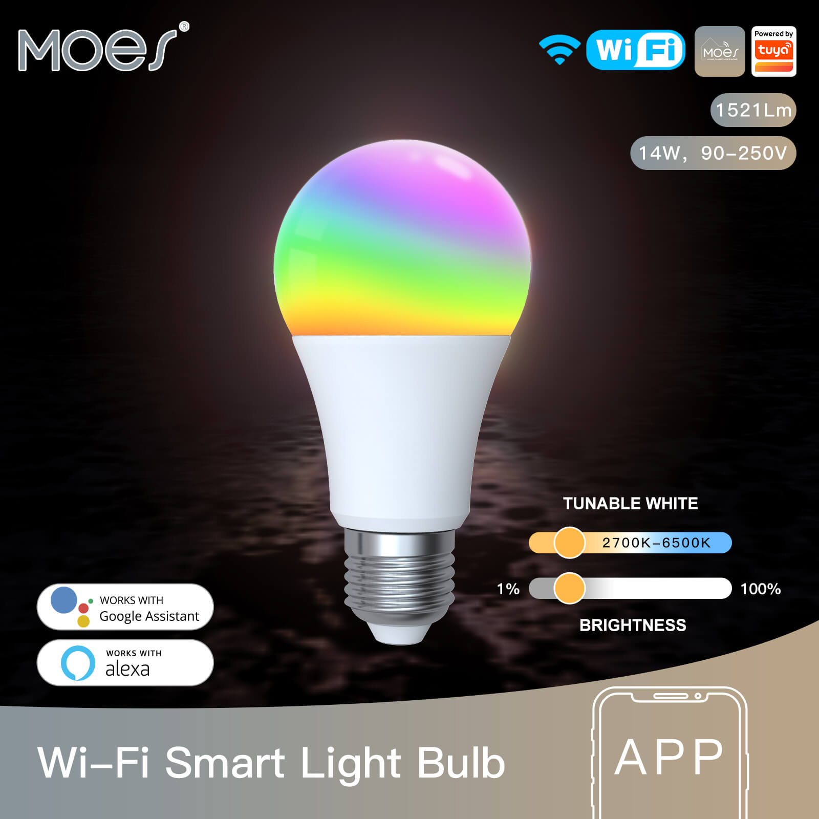 MOES WiFi Smart LED Light Bulb Dimmable Lamp 14W/9W RGB E27 Color Changeable 2700K-6500K、mySite、fannypackpong