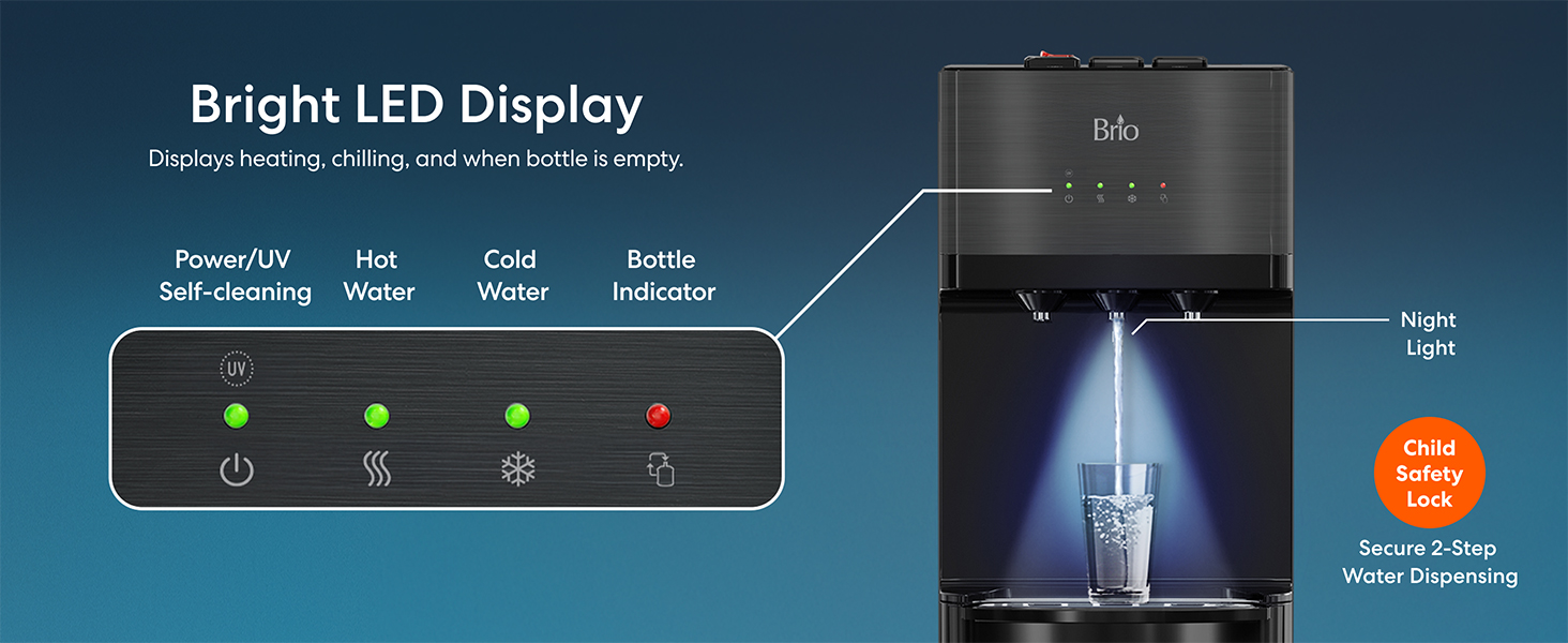 Bright LED Display: Displays heating, chilling, and when bottle is empty.