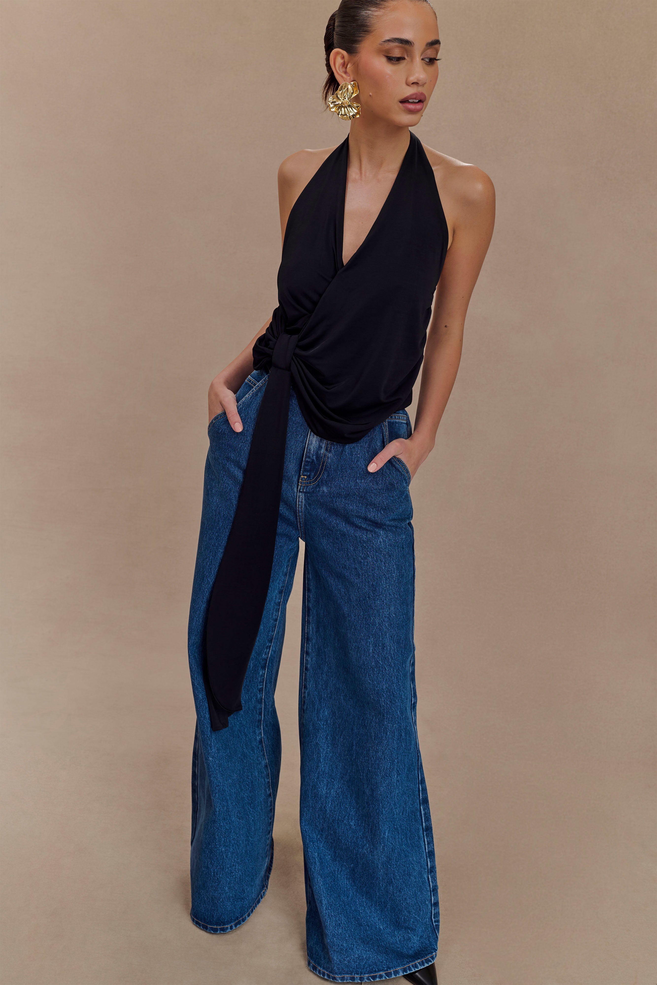 Tyla Draped Slinky Halter Top - Black、mySite、solidvoid