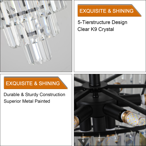 (Same as W1340110374/L5011) 20" Black Crystal Chandelier Ceiling Light, Modern Luxury 10-Light Flush Mount Light Fixture, Elegant Home Lighting for Living Room, Dining Room, Bedroom (No Bulbs)、、eastwooduniform