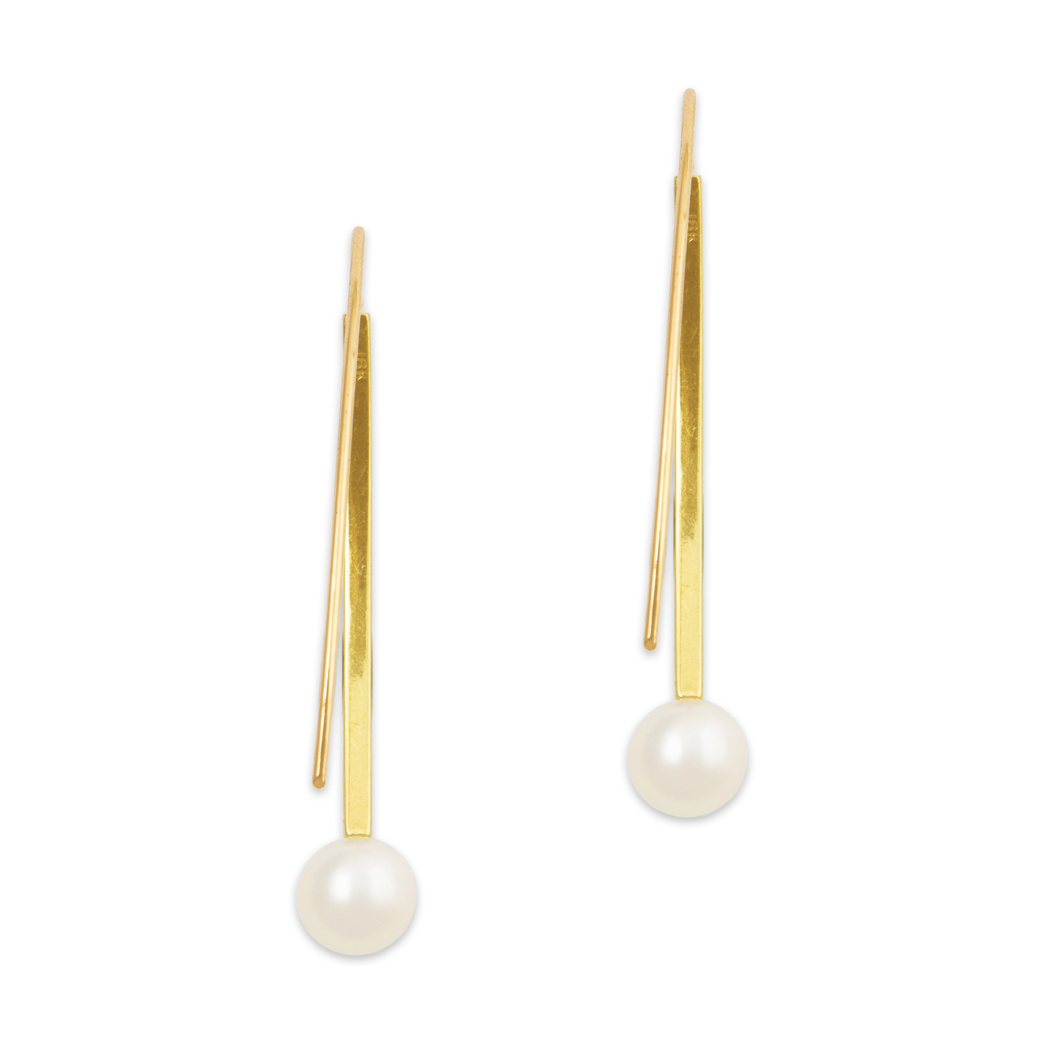 Vintage 14k Yellow Gold Pearl Dramatic Modernist Drop Earrings、mySite、hinf8tx79