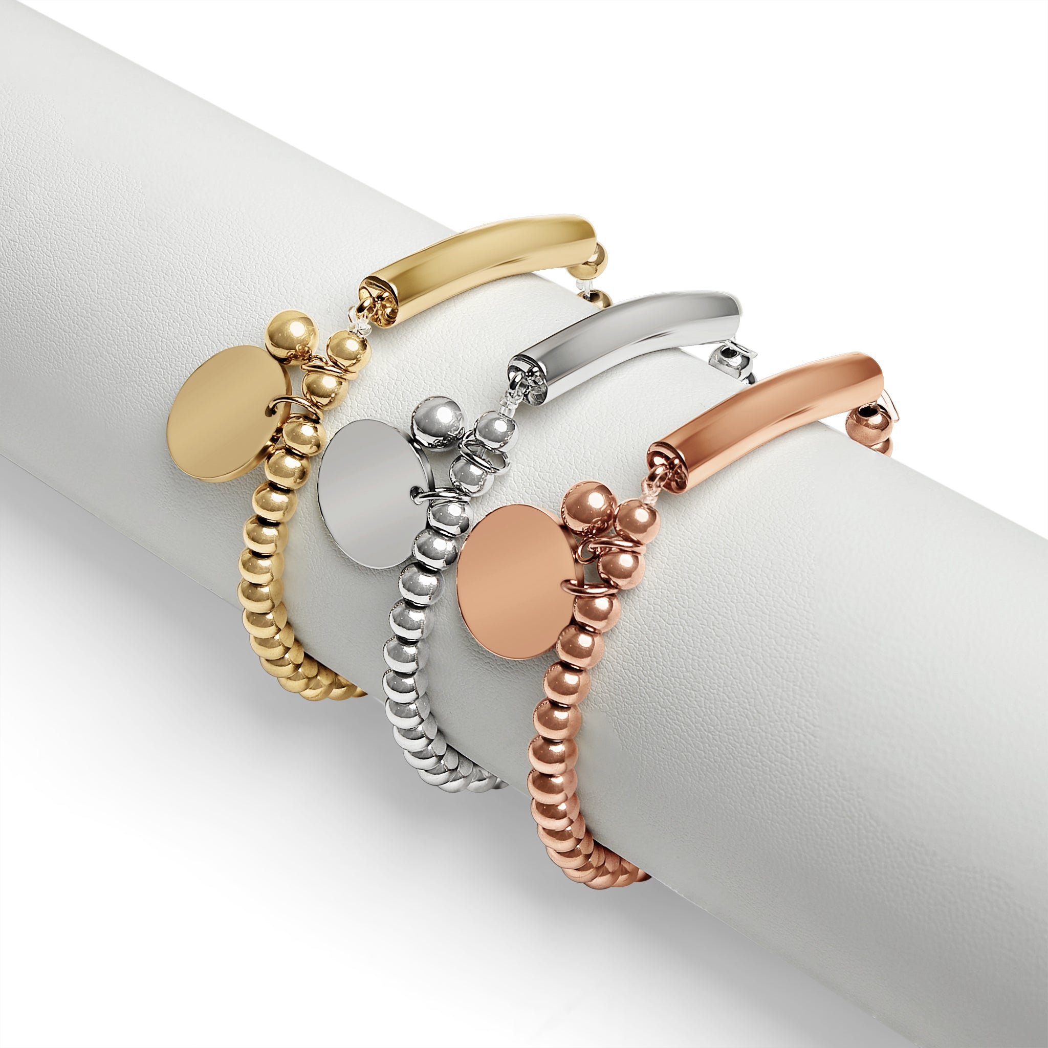 18K Gold PVD Stainless Steel Beaded Stretch Bracelet with Engravable Charm / SBB0271、mySite、dreamappss