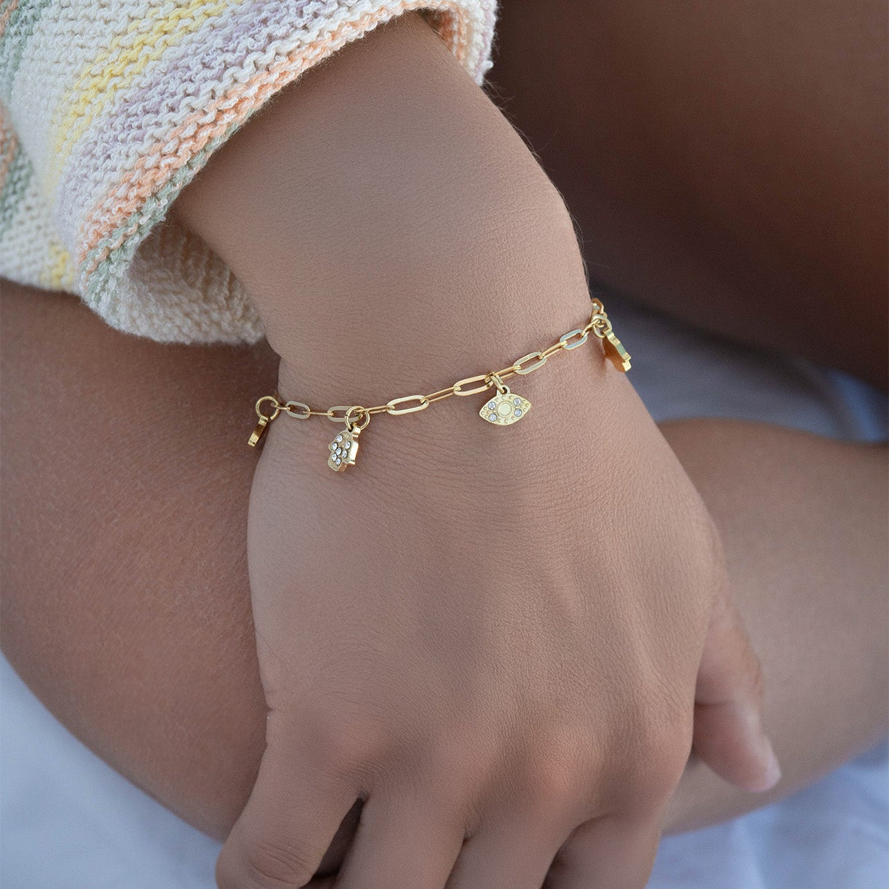 18K Gold PVD Hamsa & Evil Eye Paperclip Chain Charm Bracelet / BRJ1010、mySite、dreamappss