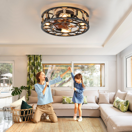 Caged Ceiling Fan with Lights Remote Control, Low Profile Flush Mount Farmhouse Modern Ceiling fans, 6 Speeds Reversible Blades, 5 LED Bulbs Include(Black)、、eastwooduniform