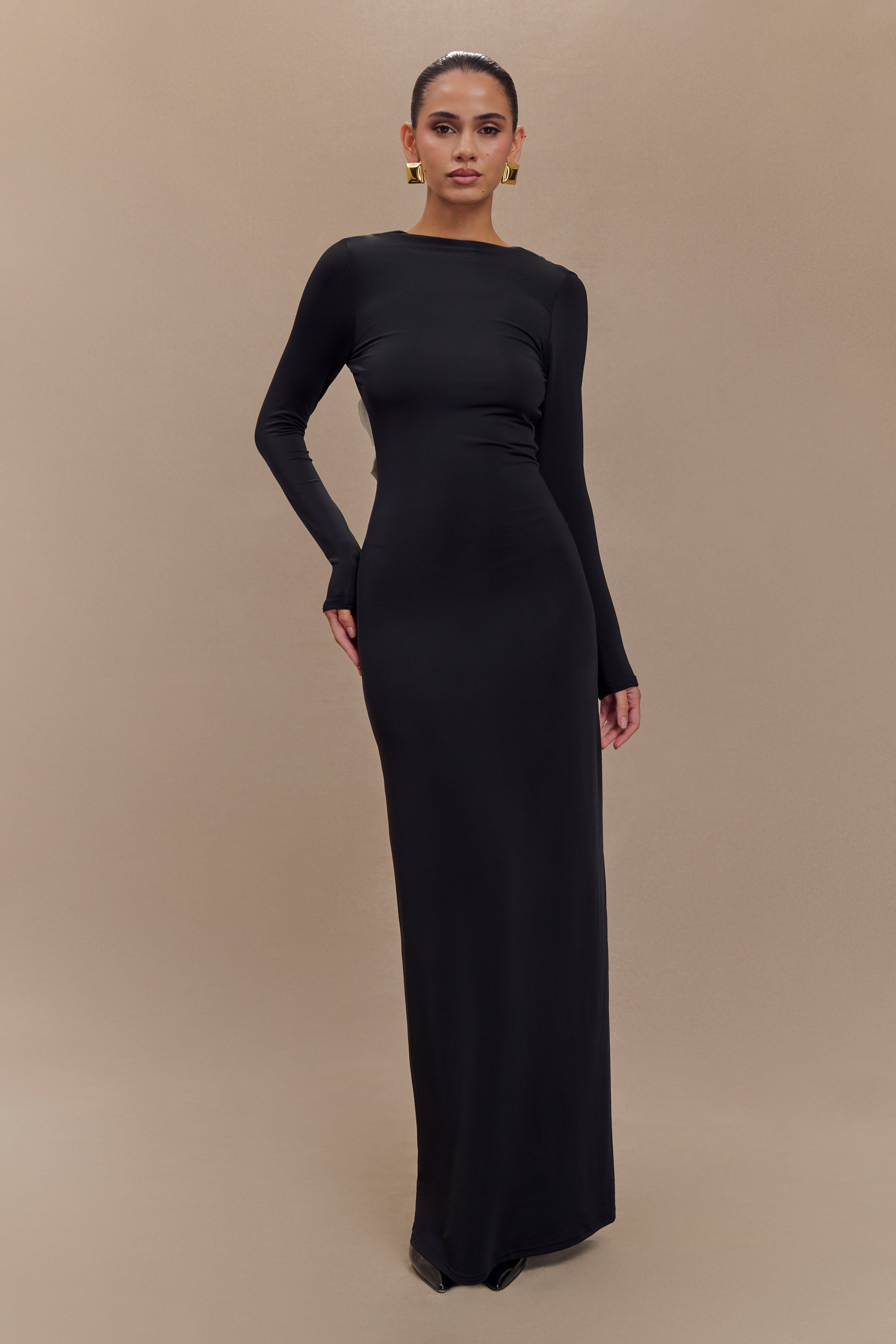 Bennett Slinky Long Sleeve Maxi Dress - Black/White、mySite、solidvoid