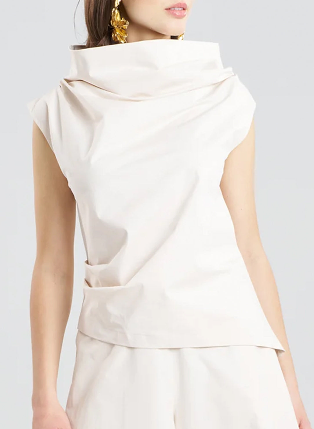  Tech Cotton Taffeta Ivory Asymmetric Funnel Neck Top、mySite、justintrudeaud