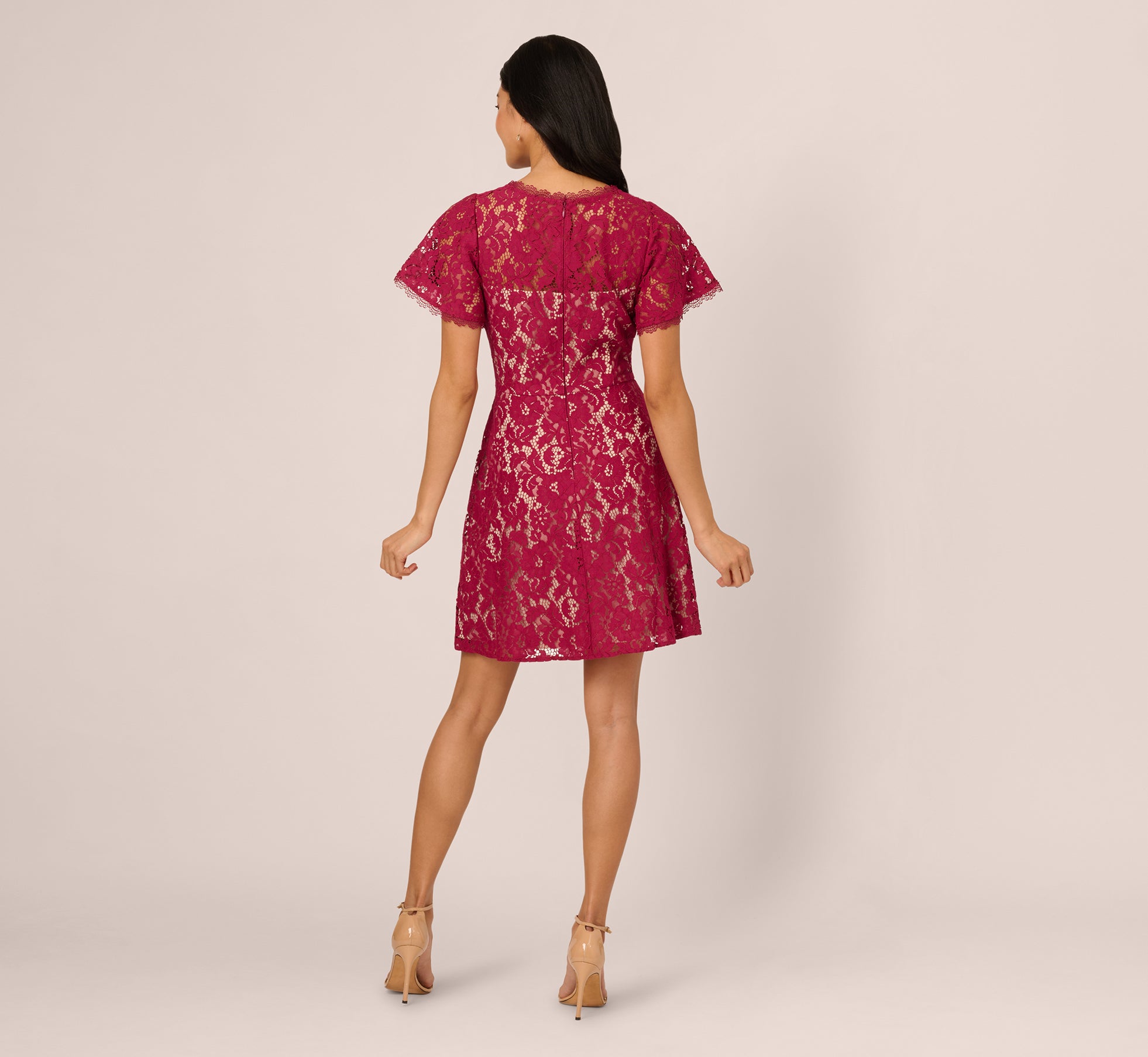 Short Sleeve Lace Illusion Short Dress In Light Wine、mySite、solidvoid