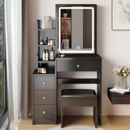 29.2" Small Size Left Bedside Cabinet Vanity Table + Cushioned Stool, Large Sliding, Touch Control, Tri-color Switching, Brightness Adjust LED Mirror, High Capacity Storage, Suitable for Small Space、、xpatfood