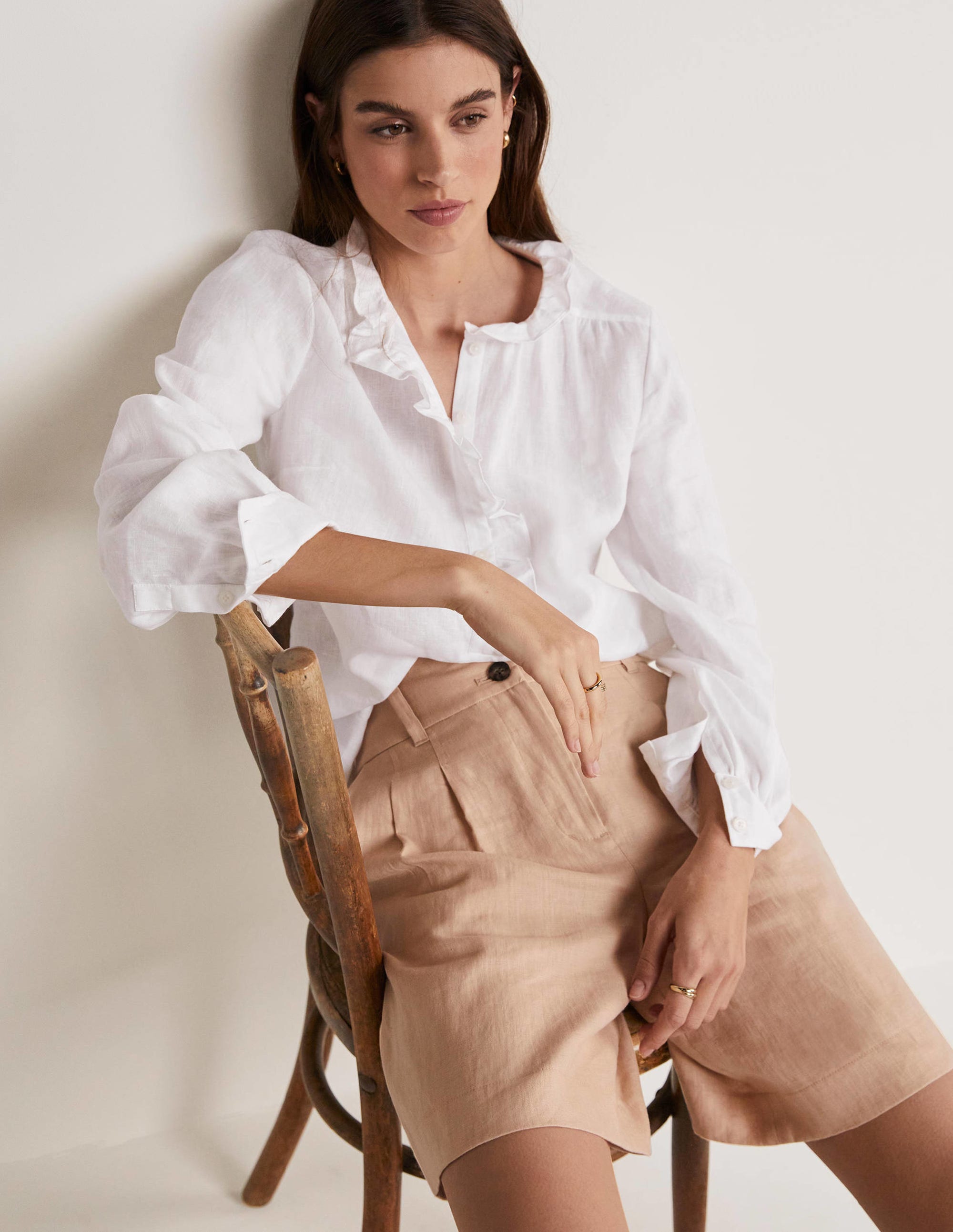 Ruffle Linen Popover Blouse-White、mySite、ashleygrahame