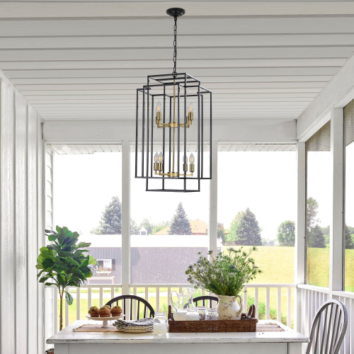 (Same as W1340142524/L1018-G) 18" Modern 8-Light Black Gold Geometric Pendant Chandelier, Industrial Metal Frame, Adjustable Hanging Light for Living Room, Dining Room, Kitchen (No Bulbs)、、eastwooduniform