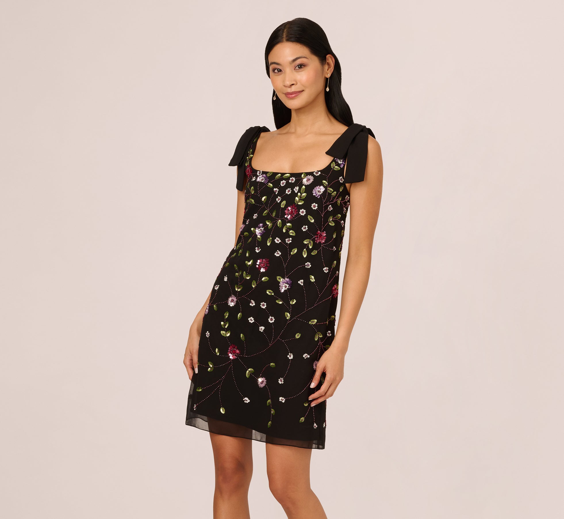 Bow Shoulder Floral Beaded Sheath Dress In Black Multi、mySite、solidvoid