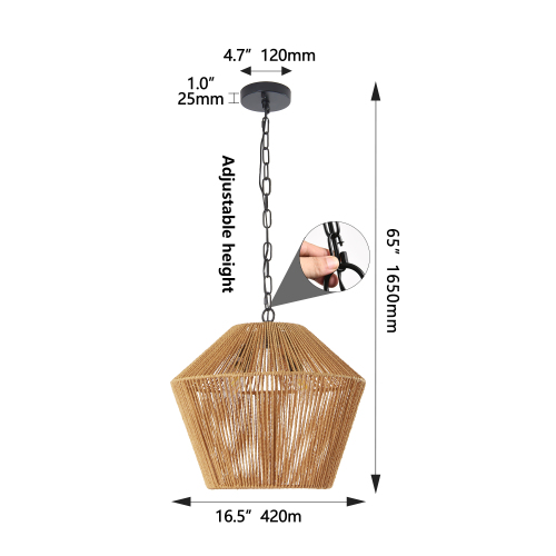 17" Boho Hemp Rope Pendant Light, Handcrafted Farmhouse Hanging Light Fixture for Kitchen Island, Dining Room, or Bedroom, Natural Finish, Adjustable Height (Bulb Not Included)、、eastwooduniform