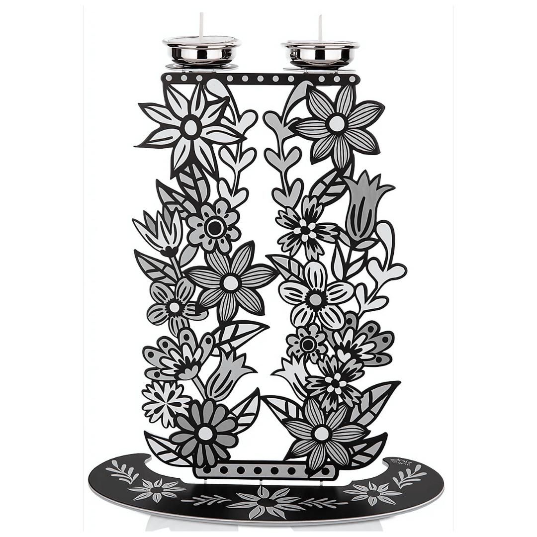 Tall Floral Shabbat Candlesticks - Black and White、mySite、topwebapps