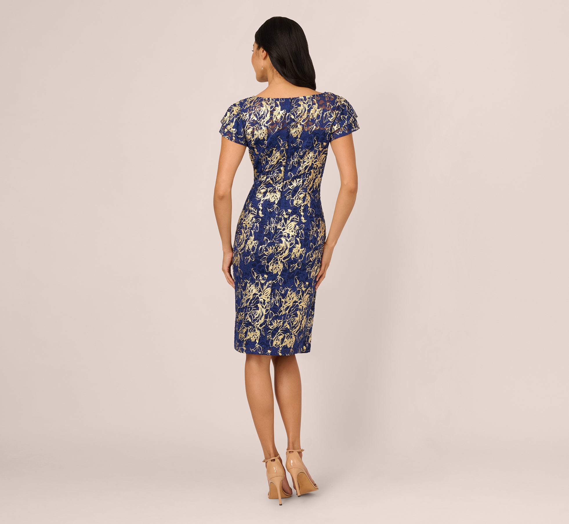 Cap Sleeve Foil Lace Sheath Dress In Navy Gold、mySite、solidvoid